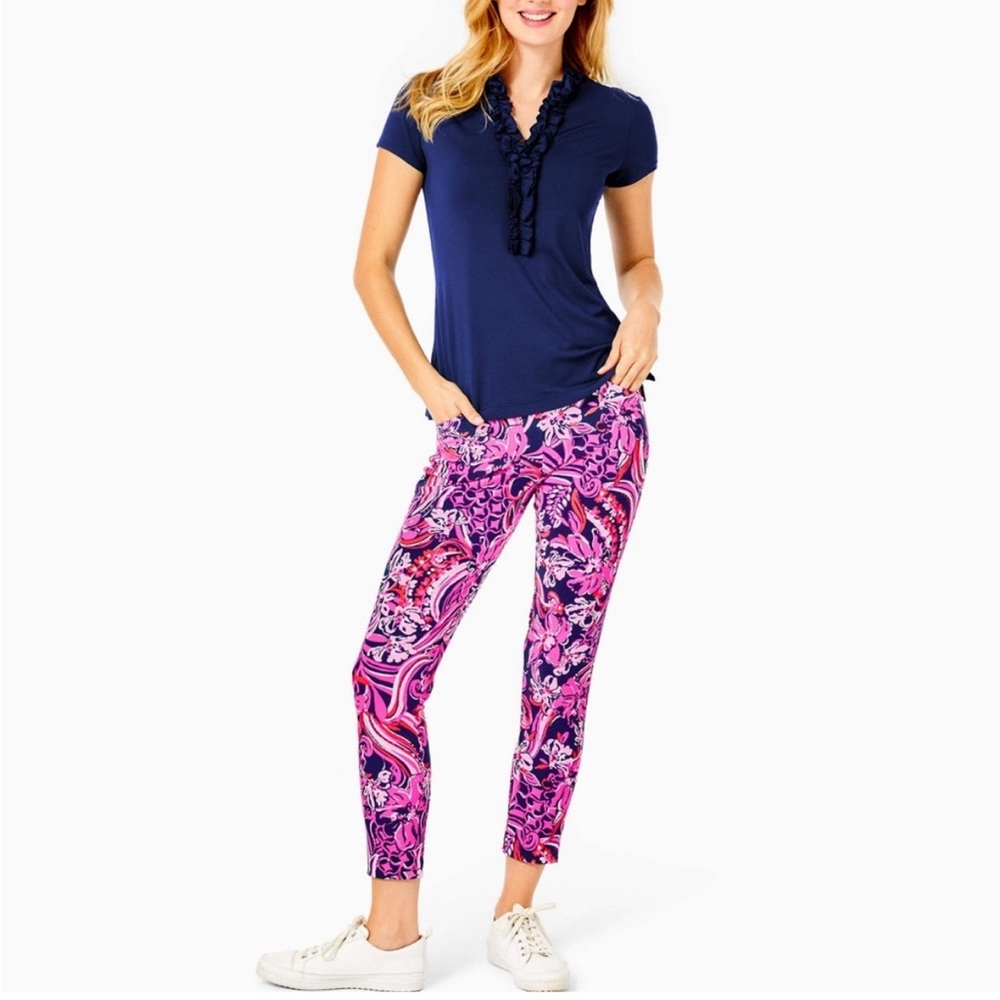Lilly Pulitzer Pant Corso UPF 50+ Low Tide Navy Flirty Fins and Feathers Sz 2, 6